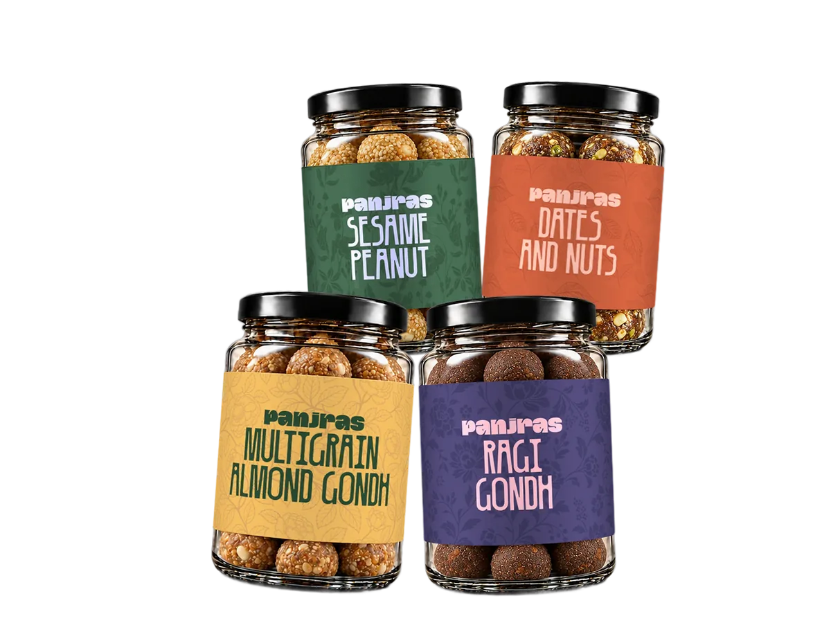 Four Ladoo Gift Box: Four 250 g jars: Sesame Peanut, Dates and Nuts, Multigrain Almond Gondh and Ragi Gondh.