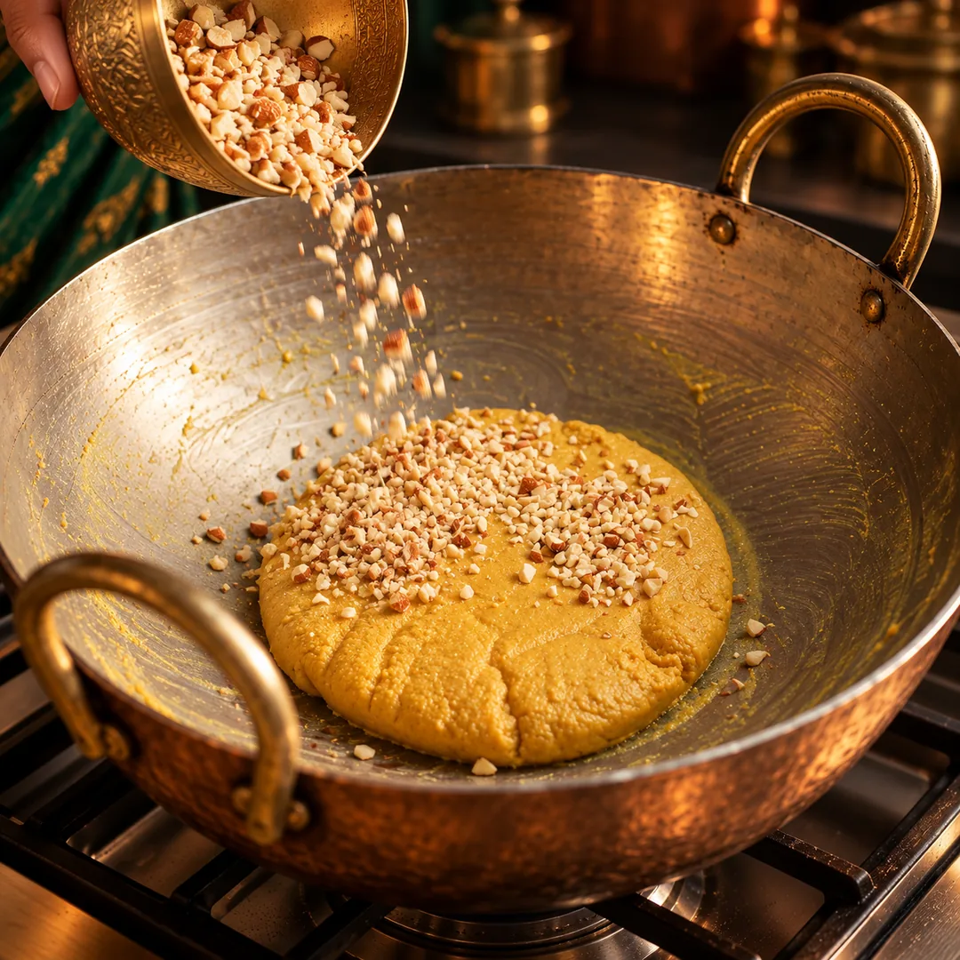 Chopped almonds poured over the besan mixture in the kadai