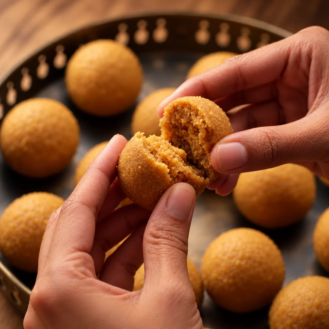 Hands breaking a besan ladoo in two over a tray of ladoos