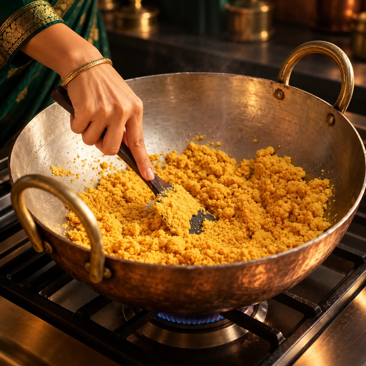Gram flour roasting in a brass kadai, stirred with a wooden spatula