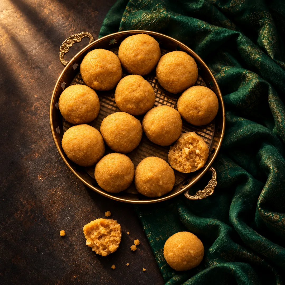A brass tray of besan ladoos on a green silk cloth, one broken open