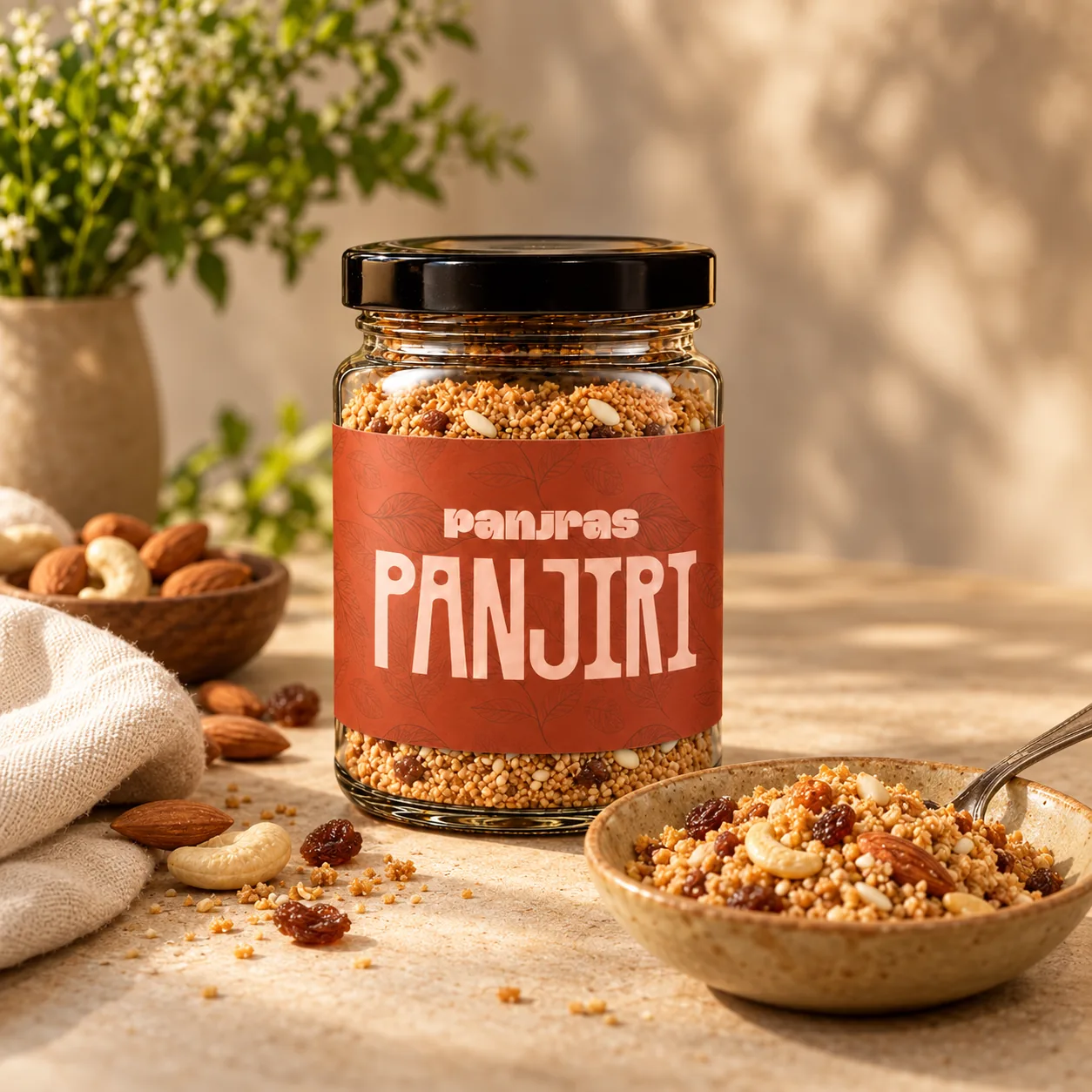 A jar of PanjRas Panjiri on a sunlit table beside a bowl of panjiri, almonds, cashews and raisins