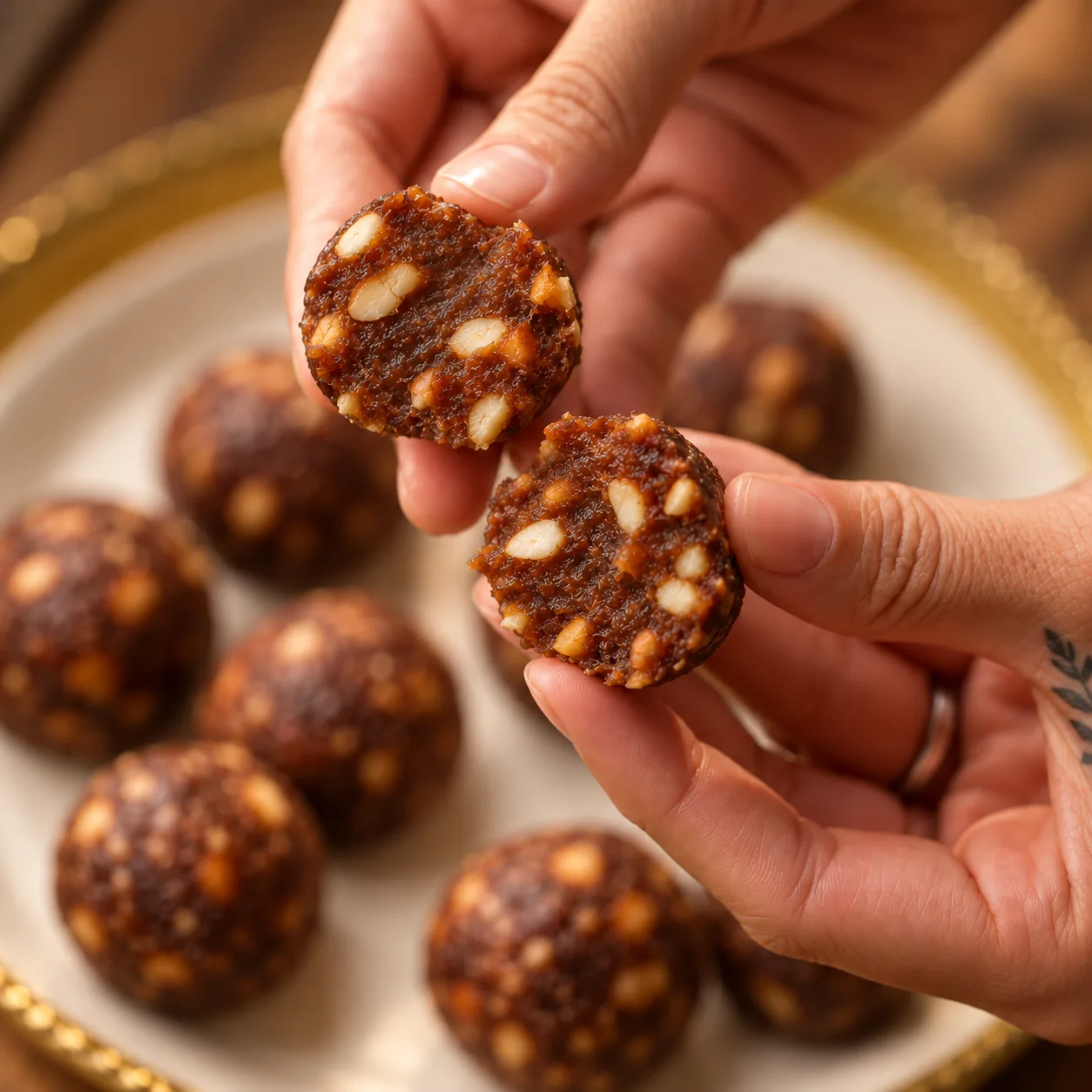 A dates and nuts ladoo broken in two, showing the nuts inside
