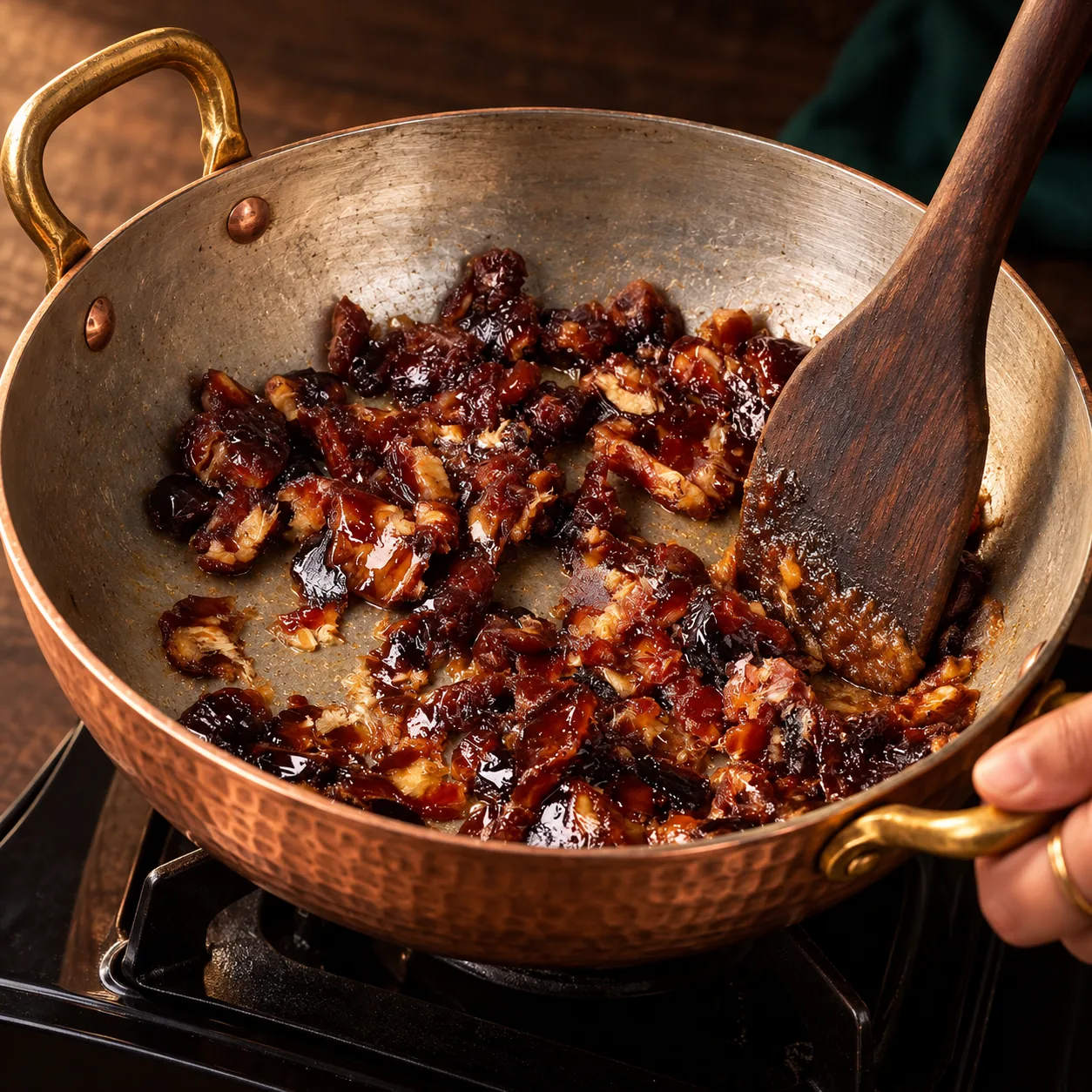 Mashed dates cooking in a copper kadai, stirred with a wooden spatula