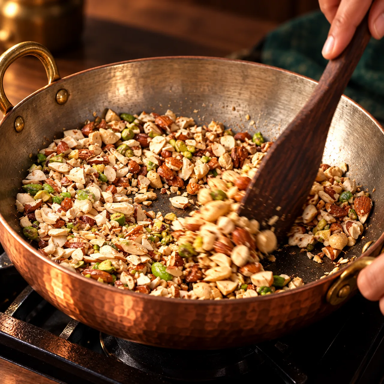 Chopped almonds and pistachios roasting in a copper kadai
