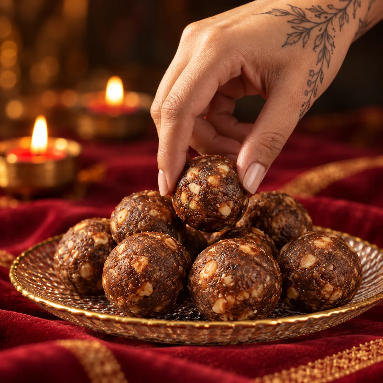 A hand lifting a dates and nuts ladoo from a plate of ladoos