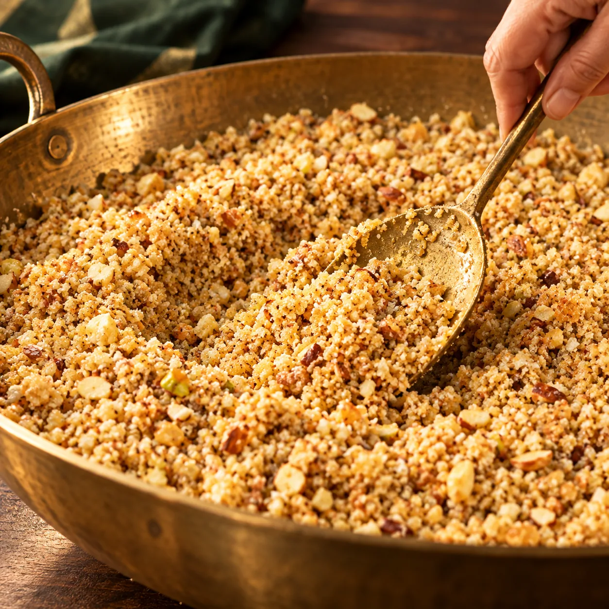 The roasted multigrain and almond mixture in a brass kadai, stirred with a spoon