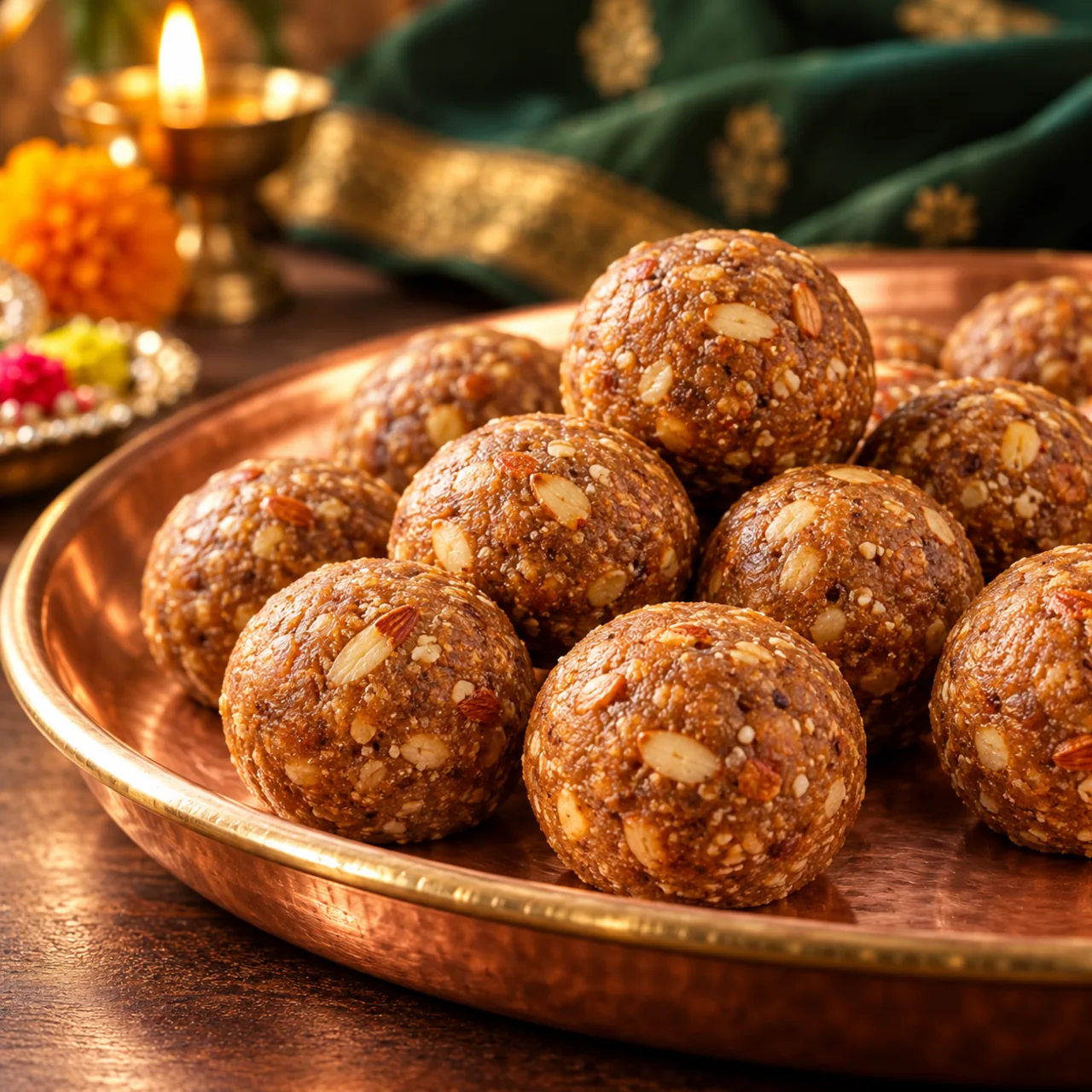 Multigrain almond gondh ladoos on a copper plate