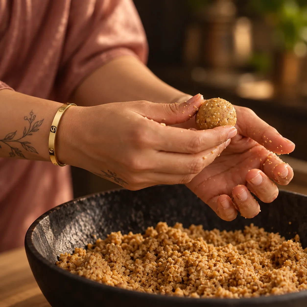 Hands rolling a multigrain almond gondh ladoo over a bowl of the mixture
