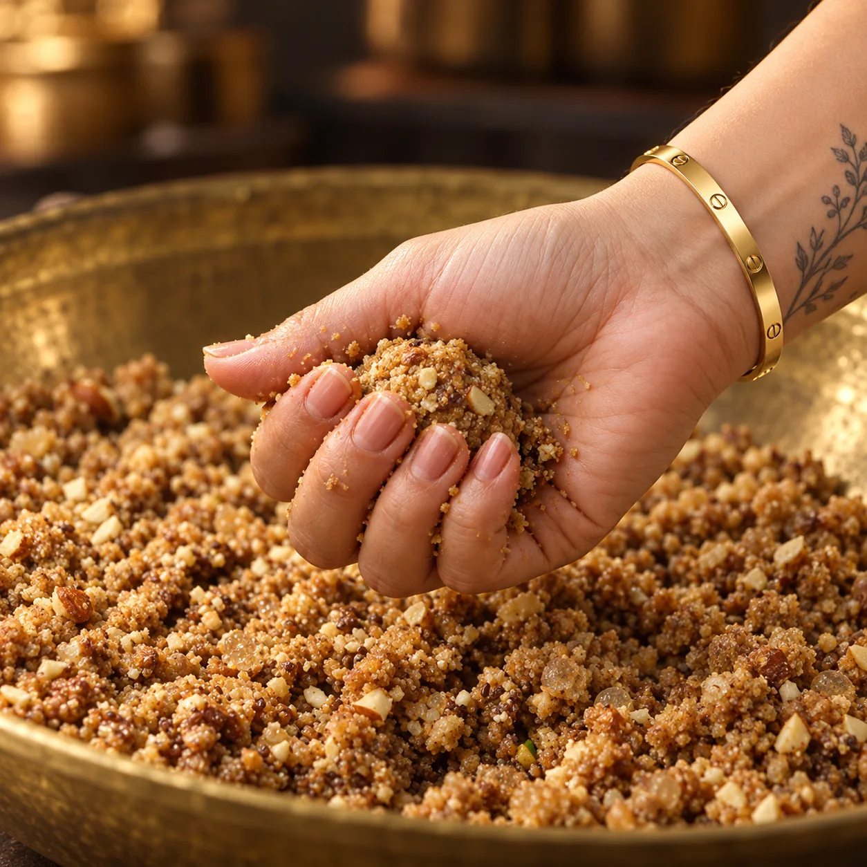 A hand pressing the multigrain almond mixture into a ladoo in a brass kadai