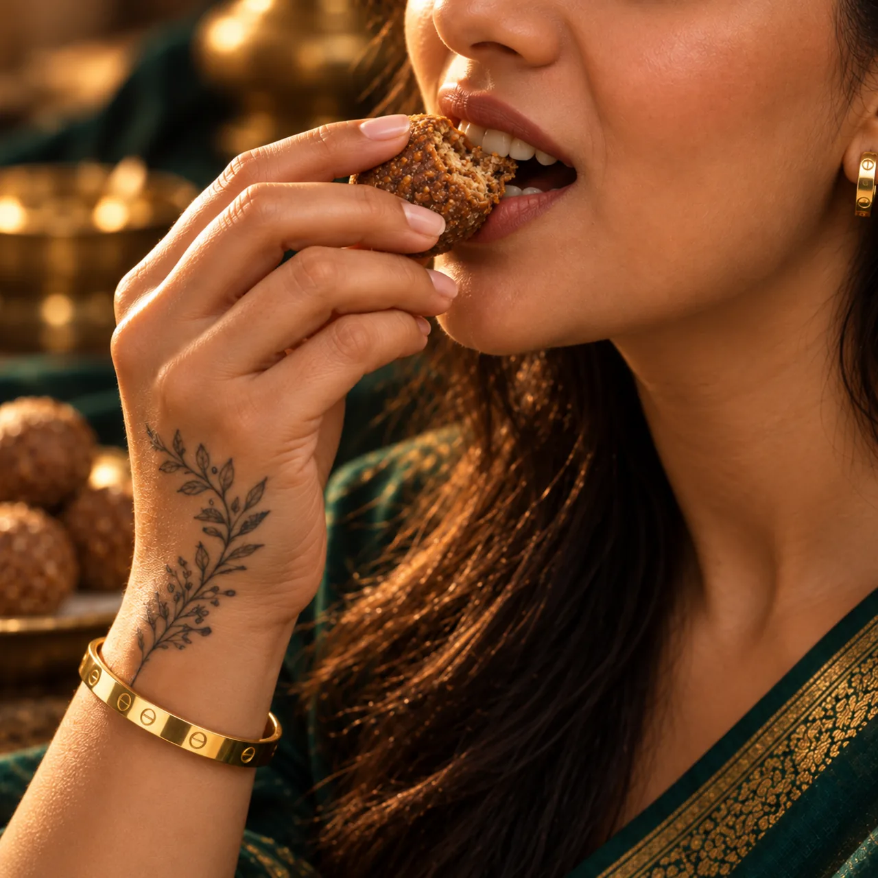 A woman taking a bite of a ragi gondh ladoo