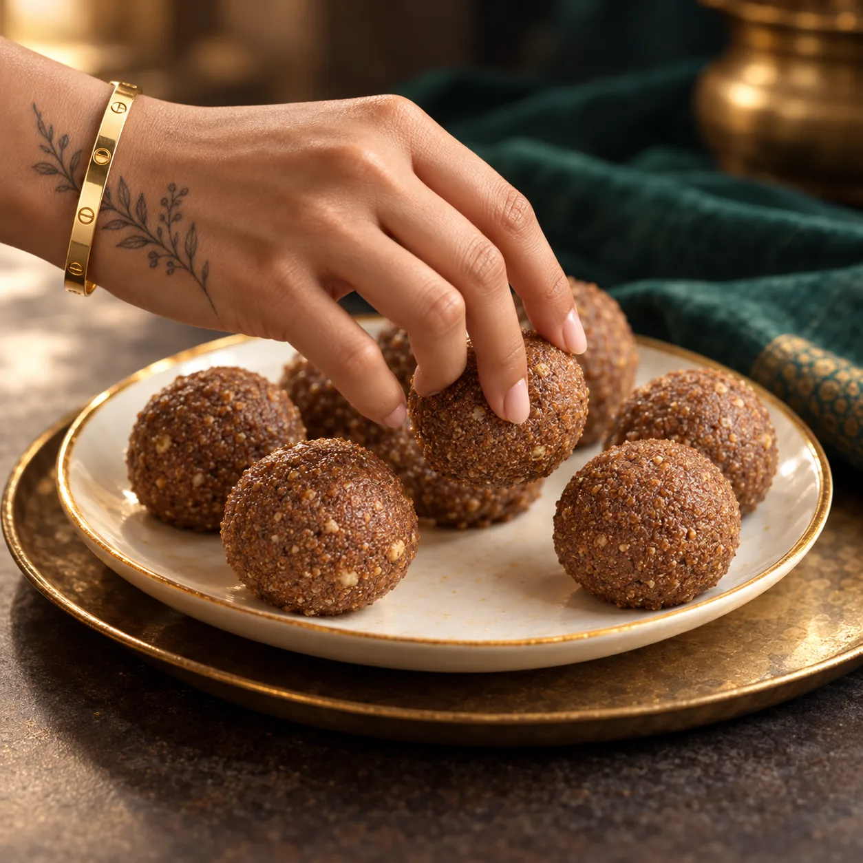 A hand picking a ragi gondh ladoo from a gold-rimmed plate