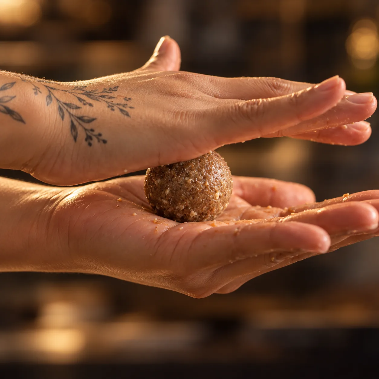 Rolling a ragi gondh ladoo between two palms