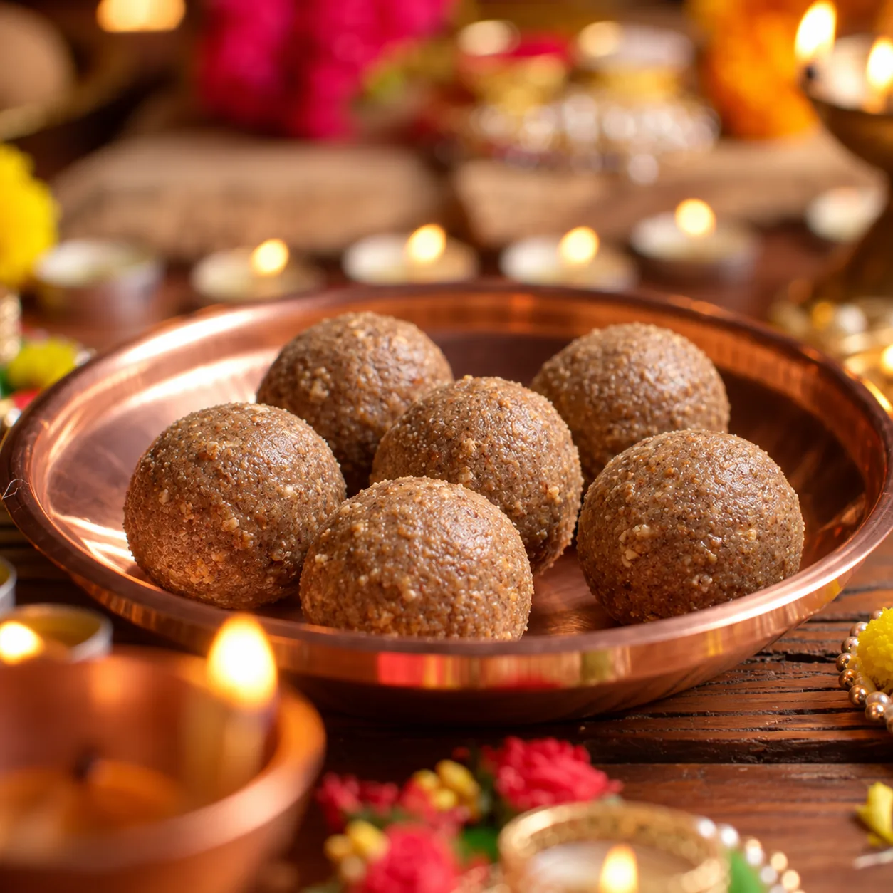 Ragi gondh ladoos on a copper plate among lit diyas and flowers