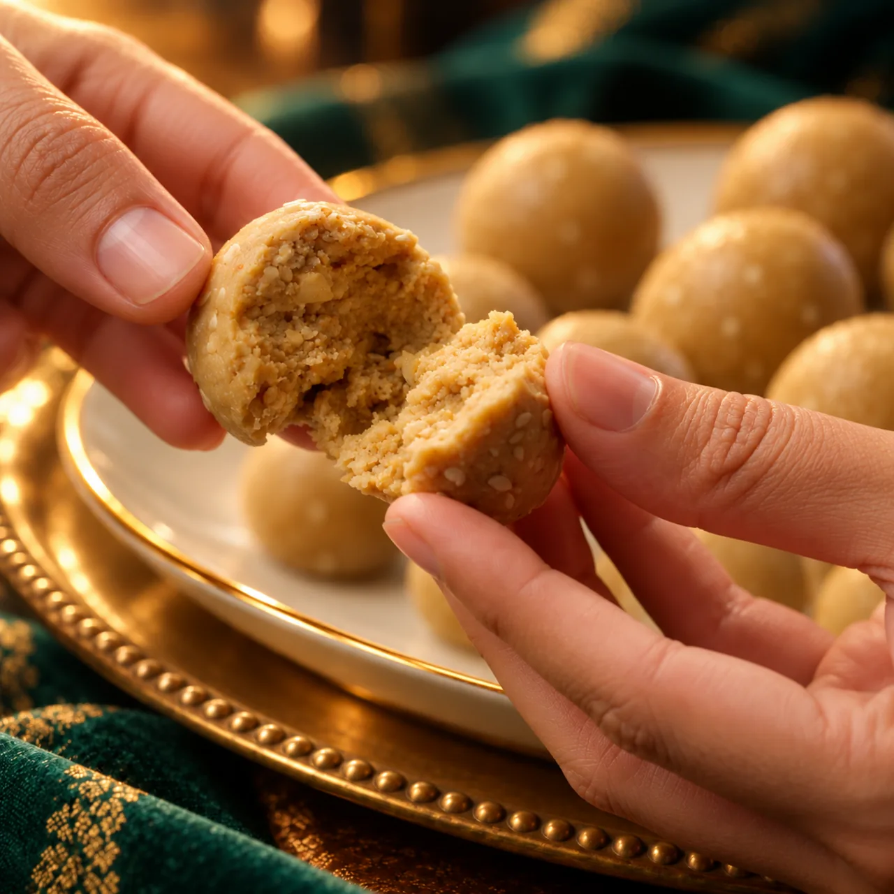 Hands breaking a sesame, peanut and almond ladoo in two over a plate of ladoos