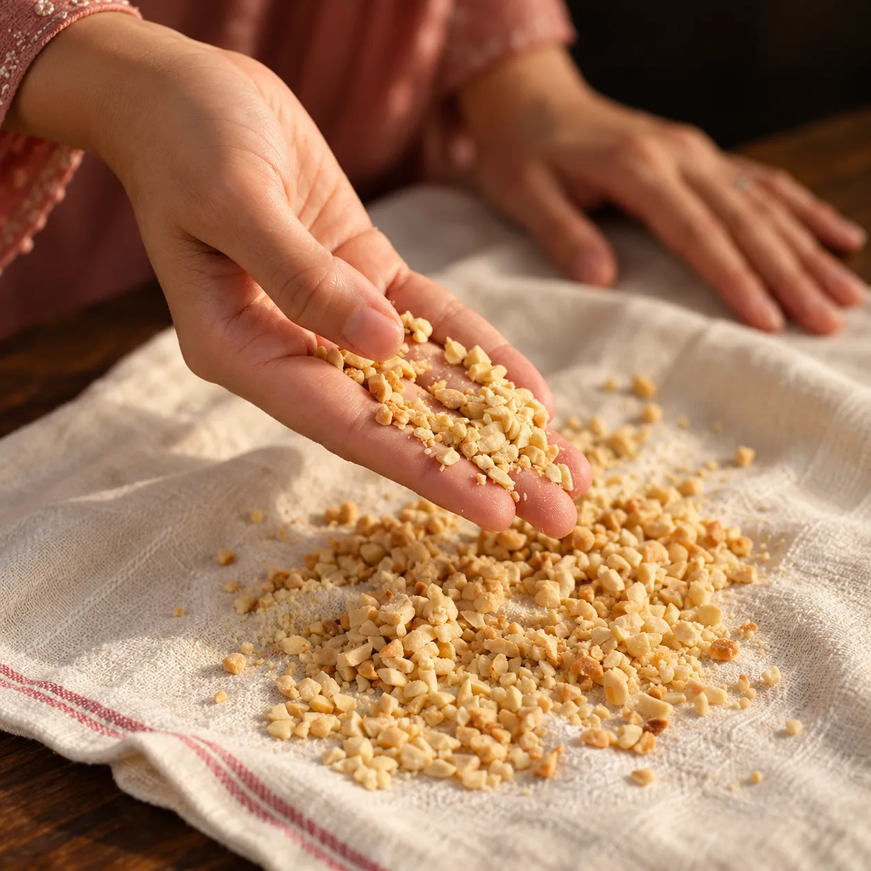 A palm full of chopped nuts over a cotton cloth