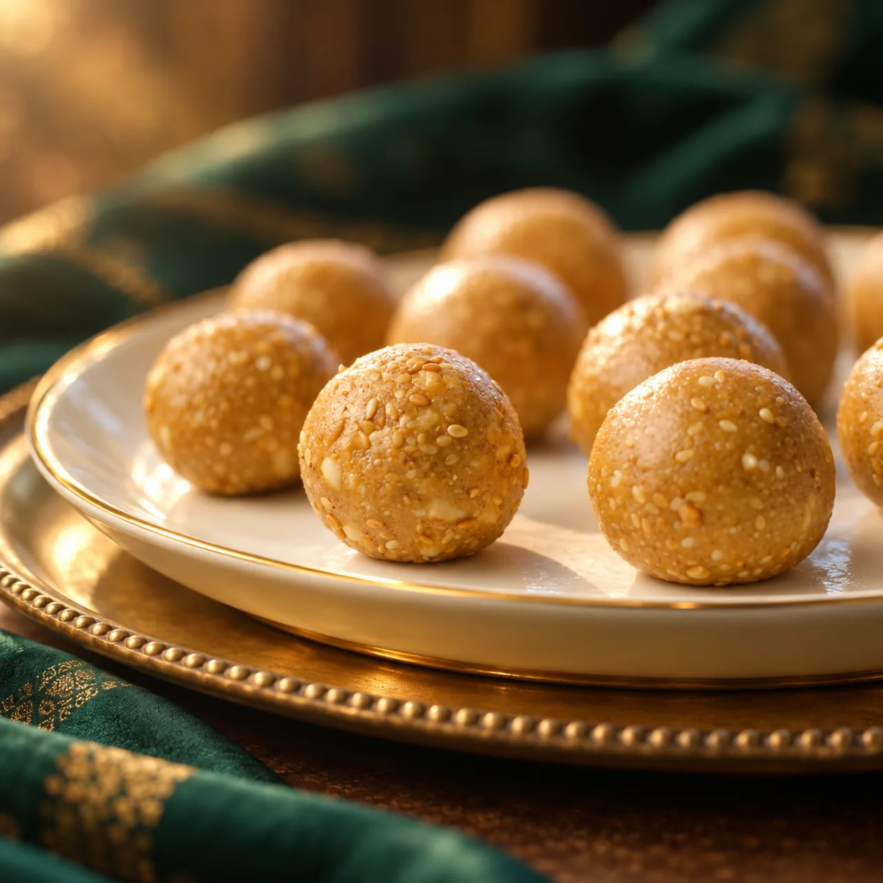 Sesame, peanut and almond ladoos on a gold-rimmed plate