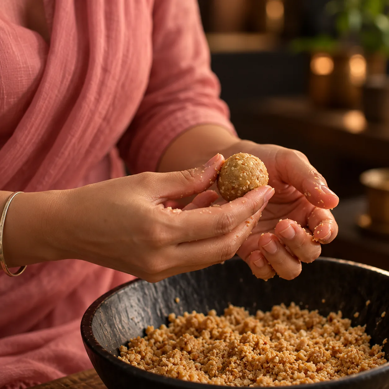 Hands rolling a sesame, peanut and almond ladoo over a bowl of the mixture