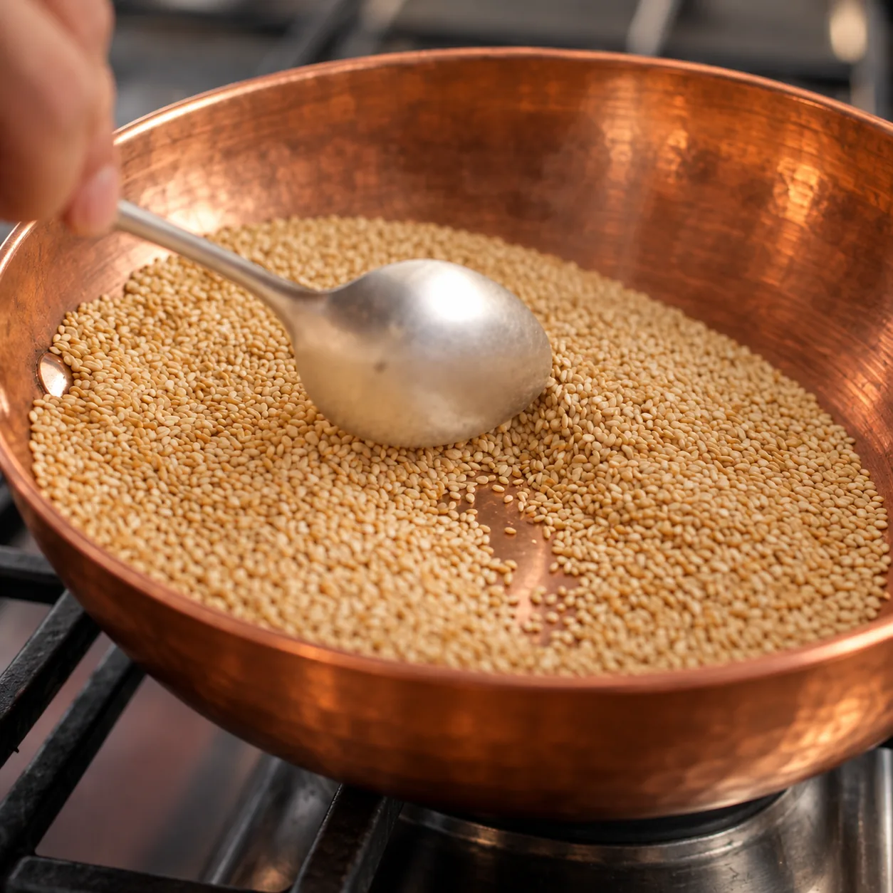 Sesame seeds roasting in a copper pan, stirred with a spoon