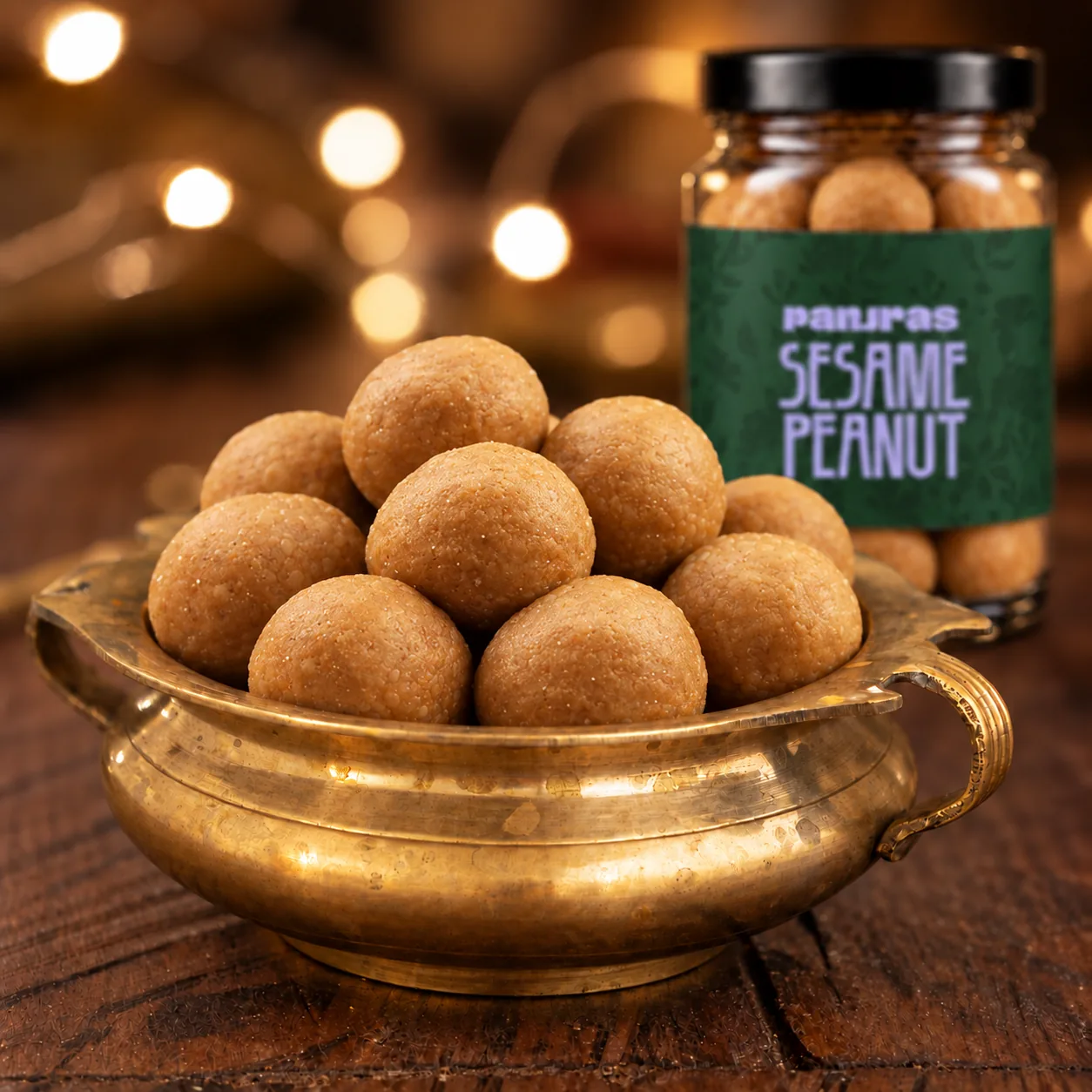 Sesame peanut ladoos in a brass bowl beside a PanjRas jar