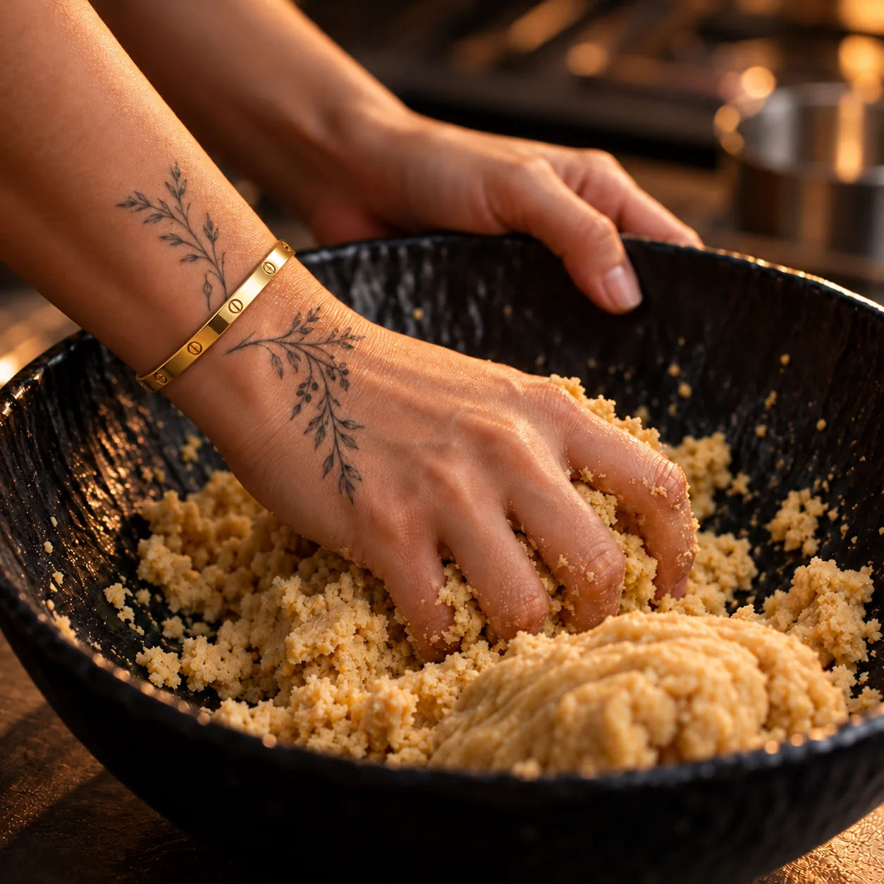 Hands kneading the sesame peanut mixture in a black bowl