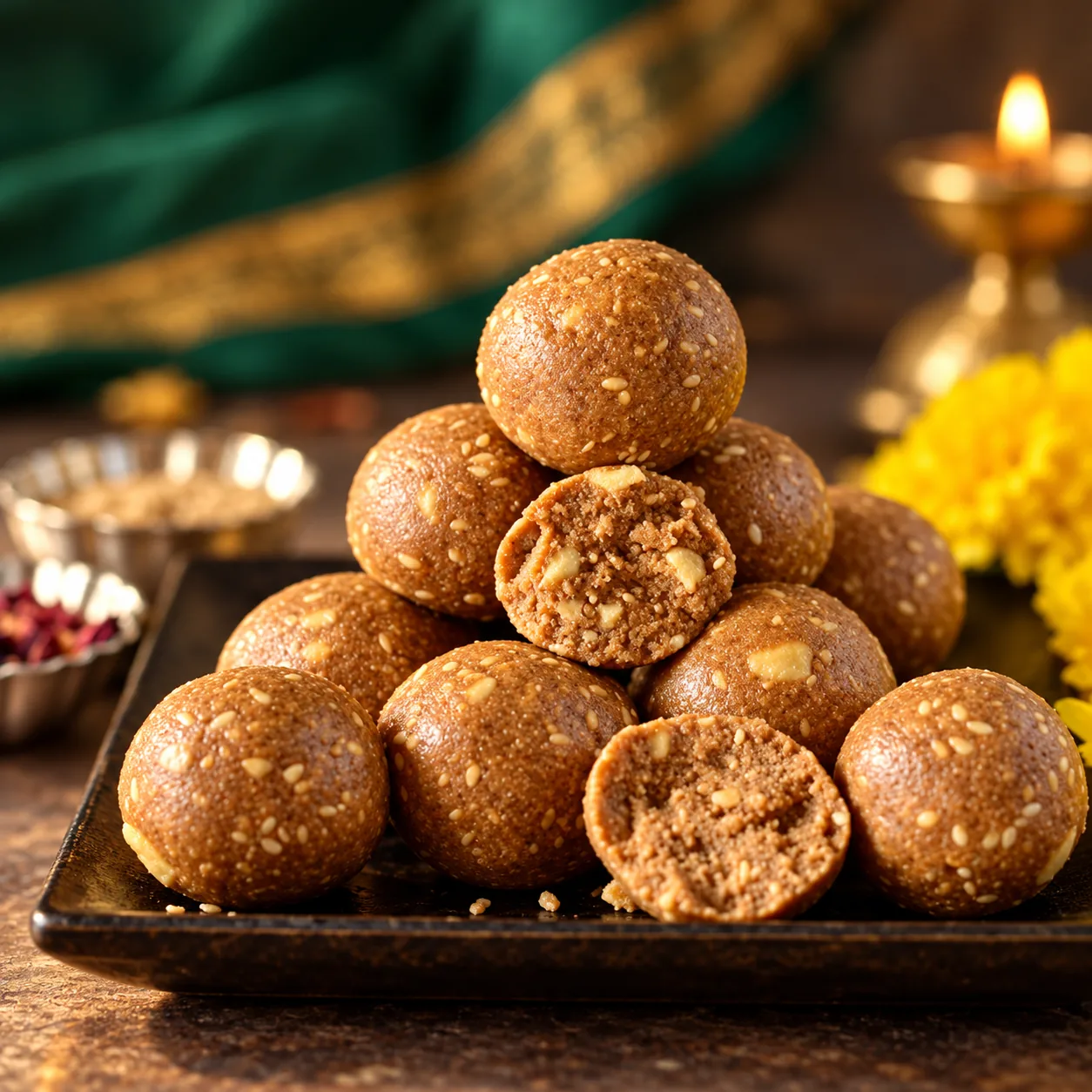 A stack of sesame peanut ladoos on a dark tray, two broken open